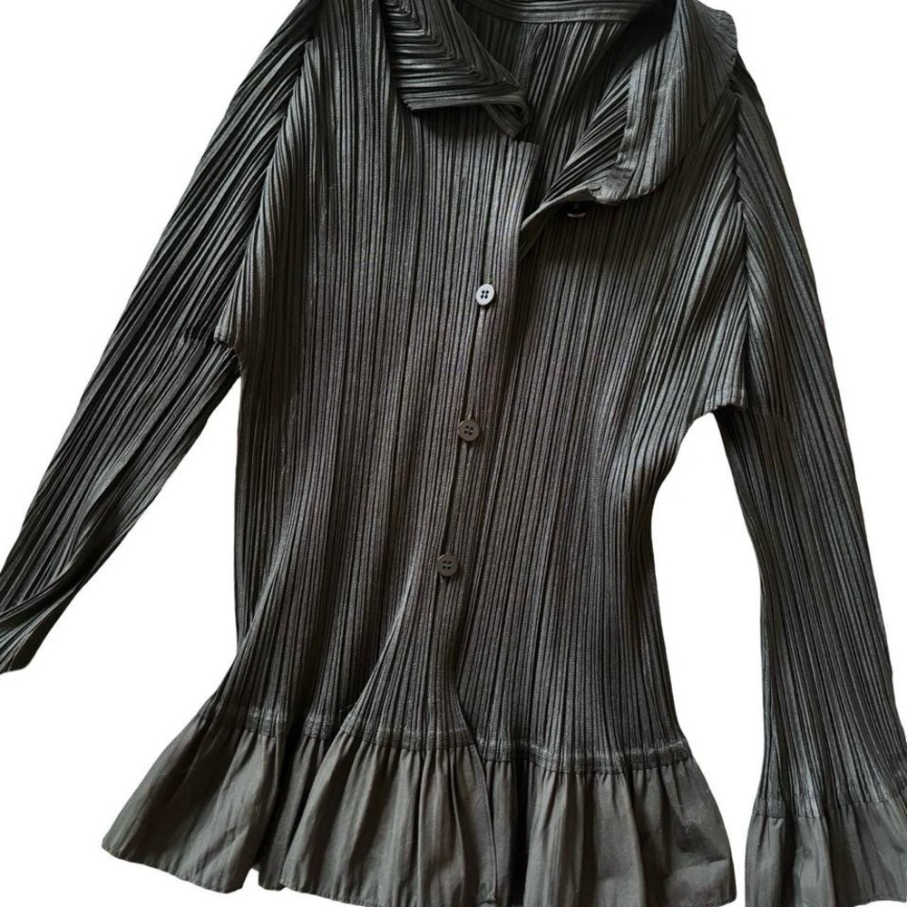 Black Button Down Shirt with Notched Collar and Ruffled Hem